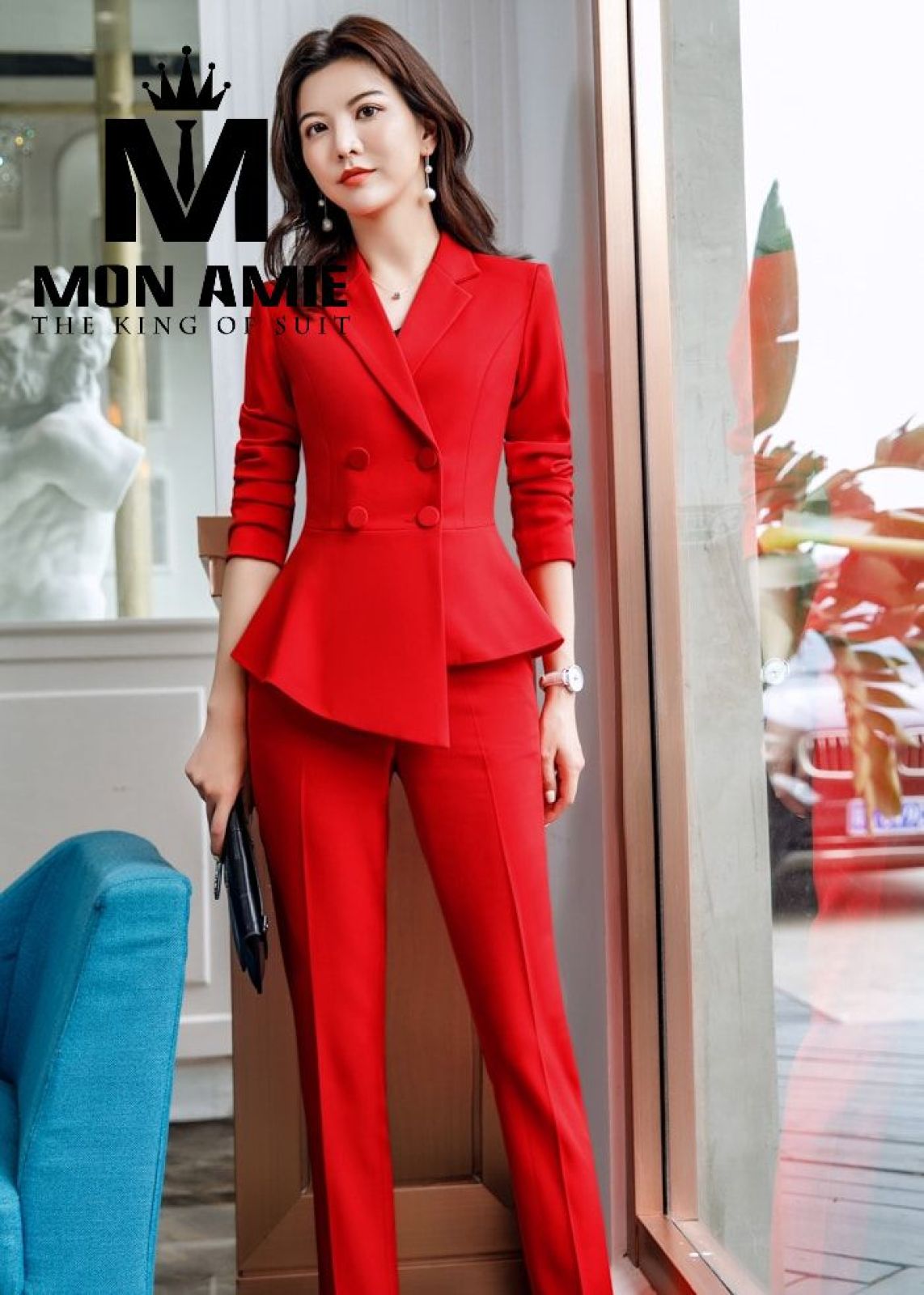 Orange Assymetrical Notch Lapels Suit With Trousers 